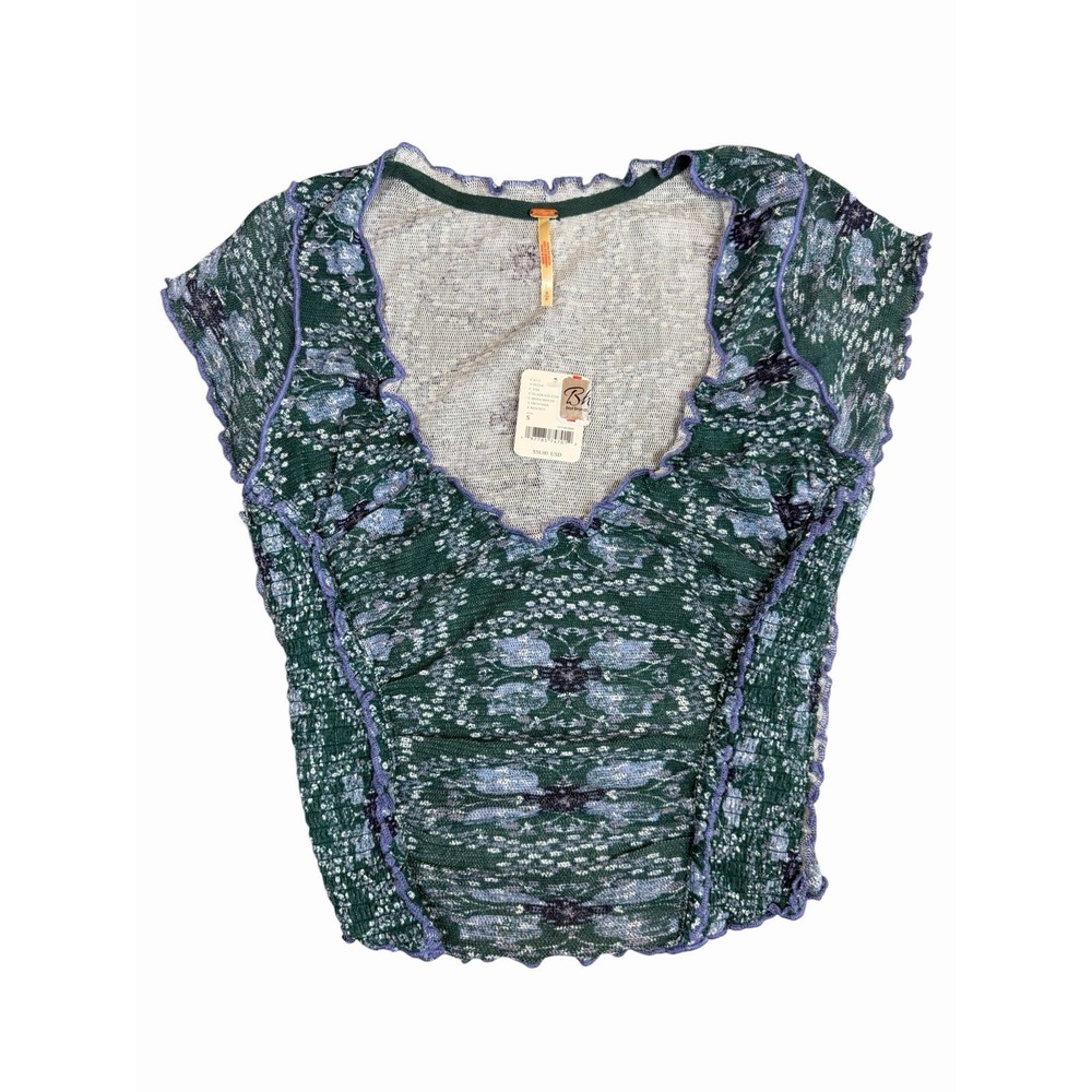 Free People Oh My Baby Tee Womens S Green Floral Mesh Smocked Crop Top NWT